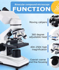 Student Friendly Dual LED Microscope With 40X-2500X Magnification, 360 Degree Rotating Head, detailed features diagram
