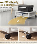 Totally Slick Two Tier Rolling Printer Stand Under Desk With Open Bottom Shelf And Heavy Duty Swivel Casters For Zero Hassle Home Office Workspace Organization White with swivel casters on hardwood floor.