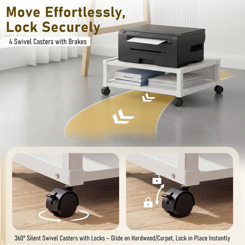 Totally Slick Two Tier Rolling Printer Stand Under Desk With Open Bottom Shelf And Heavy Duty Swivel Casters For Zero Hassle Home Office Workspace Organization White with swivel casters on hardwood floor.
