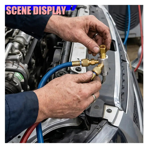 Hands connecting Built Tough 8Pcs R134a Solid Brass Refrigerant Tank Adapter For HVAC Ac Air Conditioning Systems on car.