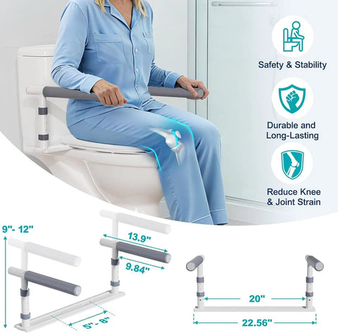 Bulletproof Over Toilet Safety Rails delivering heavy duty support for bathroom handicap assist and super easy setup standard bowl compatible senior grab bars, height adjustable.
