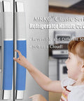 Set Of 4 Blue Fridge Door Handle Covers Wipe Down Easy Guards Kill Grease Smudges Stains Banish Dirt No Mess Fit Vertical Door Handles And Horizontal Drawer Handles Kitchen Win with kid's hand reaching for fridge.