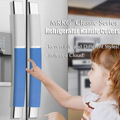 Set Of 4 Blue Fridge Door Handle Covers Wipe Down Easy Guards Kill Grease Smudges Stains Banish Dirt No Mess Fit Vertical Door Handles And Horizontal Drawer Handles Kitchen Win with kid's hand reaching for fridge.