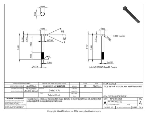 Technical drawing of Pack Of Three Grade 2 Titanium Hex Head Bolts 3/8 16 X 3 1/2 Inches Corrosion Resistant Fasteners