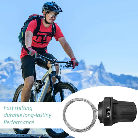 Six Speed Right Bicycle Shifter Lever SL RV100 6R for mountain bikes with gear display shown with cyclist