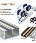 Heavy Duty Aluminum Sliding Door Track Kit With Zinc Nylon Rollers And Double Rail System For Ultra Silent Closet Doors Product size and materials illustration.