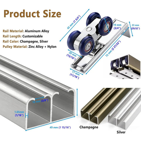 Heavy Duty Aluminum Sliding Door Track Kit With Zinc Nylon Rollers And Double Rail System For Ultra Silent Closet Doors Product size and materials illustration.