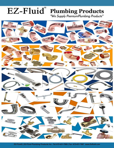 EZ-Fluid plumbing products collage, including valves, flex hoses, and connectors.
