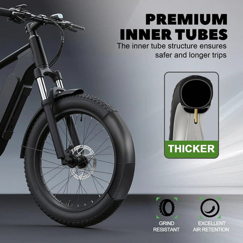Fat Bike Tube 20X4.0 With Schrader Valve Butyl Rubber Inner Tube For Electric Bikes, close-up on e-bike wheel and tube