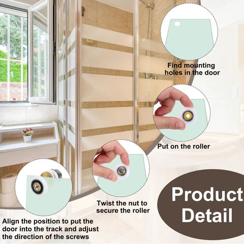 Slick Glide Heavy Duty Shower Door Rollers And Wheels 23 Millimeter glass installation steps in a bathroom setting.