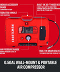 Craftsman Wall Mount Air Compressor With 8 Piece Accessory Kit, Portable Tire Inflator & Quiet Mini Tank 125 Psi Max Pressure features integrated handle and tank pressure gauge.