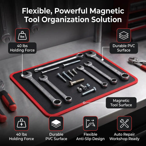 Flexible Magnetic Tool Mat With 40 Lbs Holding Power For Auto Repair, Anti Slip PVC Surface Keeps Wrenches, Screwdrivers, And Small Parts Stable, Safe From Slips, And Ready To Grab In A Busy Workshop, red mat with tools