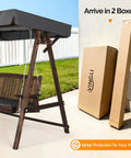 4 Ft Porch Swing With Stand Heavy Duty 660 Pound Wooden Swing Set With Canopy and Packaging Boxes on Lawn