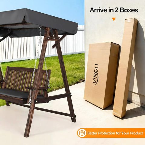 4 Ft Porch Swing With Stand Heavy Duty 660 Pound Wooden Swing Set With Canopy and Packaging Boxes on Lawn