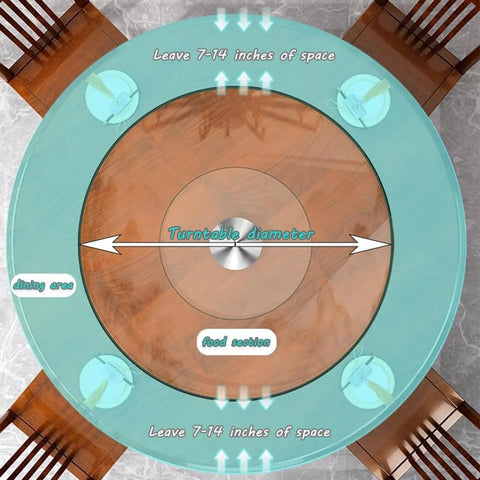 Heavy Duty Slick Spin Tempered Glass Lazy Susan Turntable layout with dining and food sections marked on a round table.