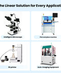 Various machines showcasing linear guide solutions: intelligent microscope, pick and place machine, 3D printer, auto-imaging equipment.