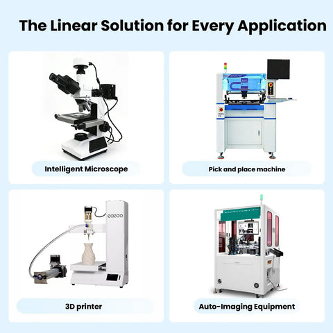 Various machines showcasing linear guide solutions: intelligent microscope, pick and place machine, 3D printer, auto-imaging equipment.