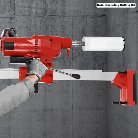 Workhorse Diamond Core Drill Machine With Heavy Stand, 4250W 500RPM Copper Motor Built For Wet Concrete And Masonry Coring, Dead Simple Depth Control And Safety Clutch, 10 Inch Bit in use on a concrete wall.