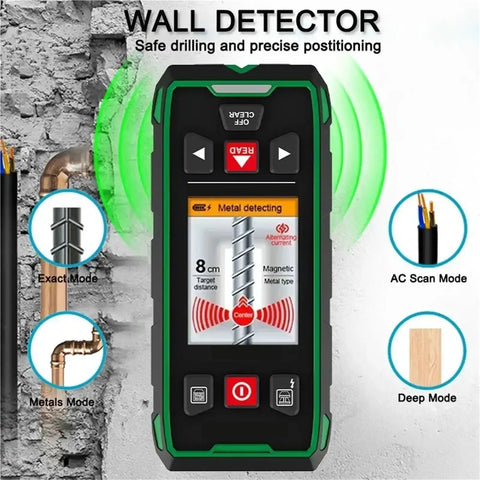 Kickass 5-In-1 Wall Scanner Featuring Advanced Sensor Tech And Bright Lcd Readouts for detecting metal beams and live wires.