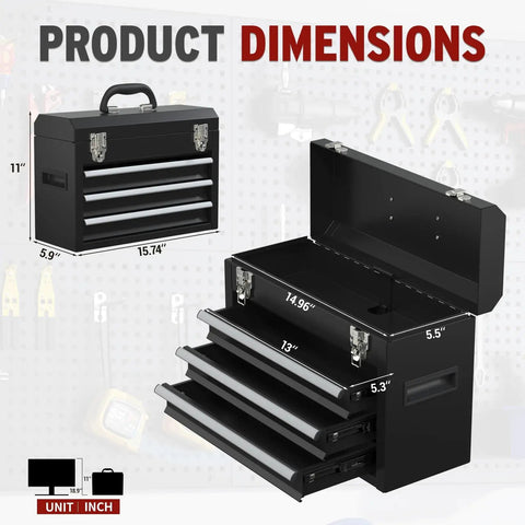 Three Drawer Portable Tool Box With Locking System, Steel Construction, Smooth Glide Drawers, Liner Included, dimensions shown