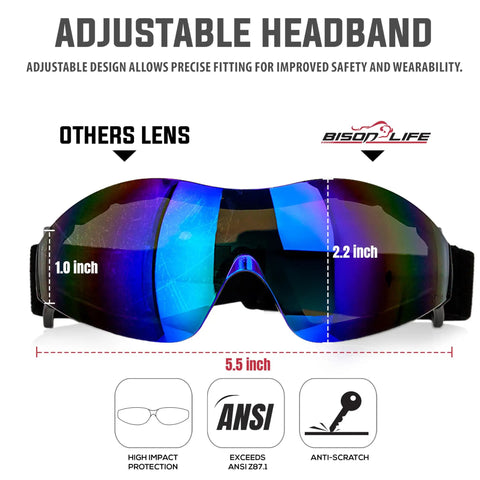 Mirage Vented Safety Goggles With Adjustable Elastic Band And Protective Pouch For Outdoor Activities UV Protection Blue Mirror Lenses Dustproof Design For Men And Women showcasing lens dimensions and ANSI certification icons.