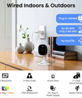 2K Indoor Outdoor Security Camera System For Pets And Family Color Night Vision White Light Siren 24 Seven SD Recording Alexa Compatible Plug In C1 White 2 Pack 2 4GHz, camera on shelf showing plug-in setup.