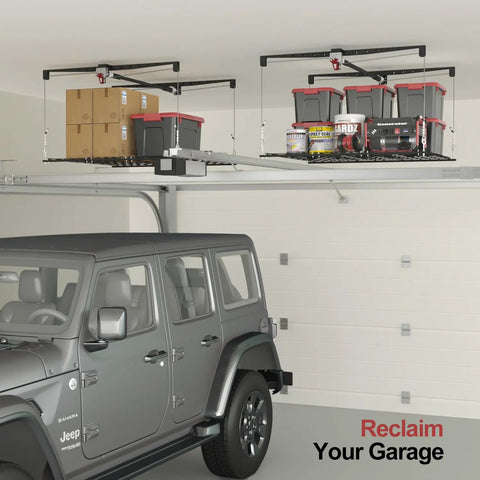 Heavy Duty Overhead Garage Storage Rack For 10 To 12 Ft Ceilings With A Slick Drop Down Release And Rock Solid Safety Locks 4X4 Foot Ceiling Loft Organizer 250 Lb Capacity mounted with boxes and bins in a garage.