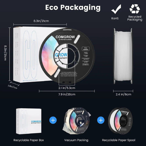 Premium PLA 3D Printer Filament 1.75mm Spool in eco packaging showing dimensions and recyclable materials.