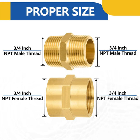 Brass Pipe Fittings Set 3/4 Inch Male To 3/4 Inch Female NPT Hex Nipples 10 Pack diagram