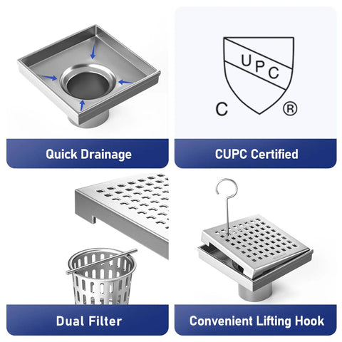 Square Shower Drain 4 Inch Brushed 304 Stainless Steel Dual Filter Quick Drainage with CUPC Certification and Lifting Hook.