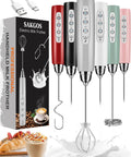 Rechargeable Milk Frother Handheld With 3 Speeds, A Real Go To For Latte Cappuccino Matcha And Egg Foams, Stainless Steel Whisks, Foam Maker, Type C Quick Charge, Easy Clean Coffee Drink Mixer displayed with multiple color options and packaging.