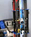 Heavy Duty Wall Mounted Ski And Snowboard Storage Rack Constructed From Durable Aluminum Frame with skis secured and organized.