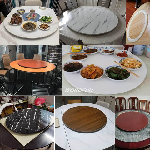 Solid 39 Inch Round Wooden Lazy Susan Rotating Serving Tray with food dishes on various dining tables and styles.