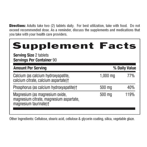 Supplement facts label for Target Mins Calcium Magnesium Complex For Strong Bones And Daily Health Boost 1000mg Calcium and 500mg Magnesium 180 Tablets Gluten Free Vegan Non GMO Verified showing ingredient list and nutritional information.