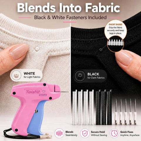 Handheld Stitch Gun For Clothes Featuring No Sew Hemming And Tagging With Six Strong Needles And Two Thousand Micro Fasteners, pink tool with black and white fasteners for fabric repairs.
