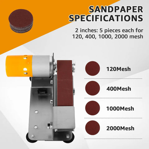 Rock Solid Mini Belt Sander Boasting 7 Easy Speed Gears For Quick Polishing And Sharpening Plus An Integrated Knife Sharpener For Wood And Metal Hobbyists showing sandpaper specifications.