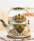 Floral Enamel Tea Kettle With Ceramic Handle Two And A Half Liter Capacity Vintage Gold Beige Boho Porcelain Teapot For Stovetop Tea Or Coffee