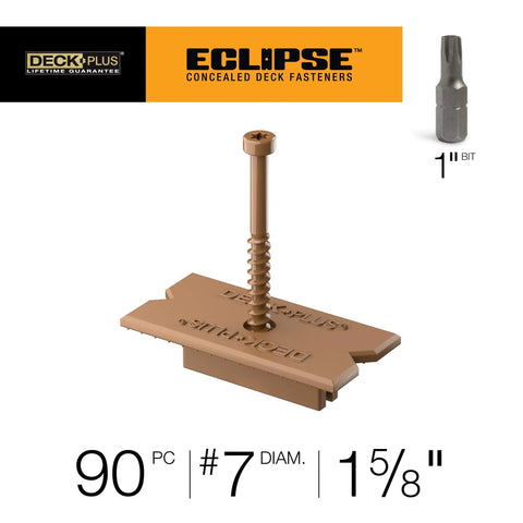 Eclipse Concealed Deck Fasteners Hide Unsightly Screws For A Clean Outdoor Floor Using Industrial Grade Stainless Steel Clip System To Keep Planks Rock Solid And Secure With Zero Stress In Rich Brown Shade Matching Grooved Composite Floors.