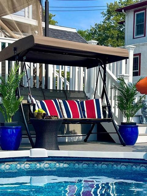 Three Seat Deluxe Outdoor Porch Swing With Weather Resistant Steel Frame Heavy Duty Construction Adjustable Tilt Canopy Beige