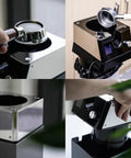 Electric Portafilter Cleaner Automatic Espresso Puck Sucker With Smart Sensor Induction and Three Durable Brush Heads shown in use.