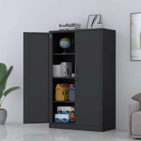 Badass Metal Storage Cabinet With Locking Doors And Three Adjustable Shelves 53 Inch Tall Lockable Steel Cupboard For Garage Home Office Or Pantry Use Black Finish, open with items inside.