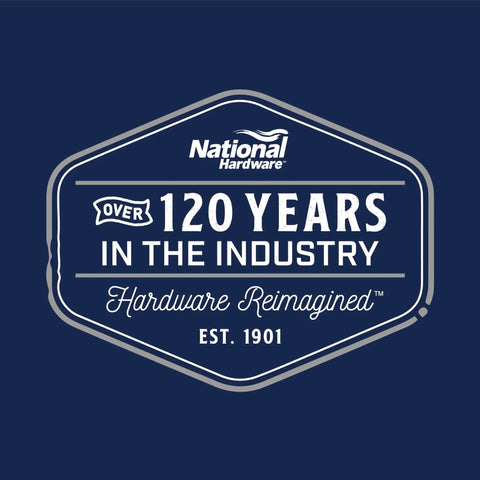 National Hardware logo with over 120 years in the industry, featuring a navy background and established date 1901.