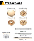 Product size guide displaying 15mm and 11mm gold brass snap buttons plus install tools for 24 Pair Pro-Grade Brass Snap Buttons 15mm Gold Press Studs Fastener Kit.
