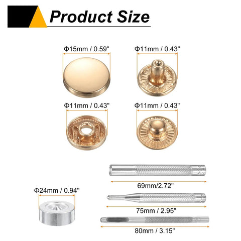 Product size guide displaying 15mm and 11mm gold brass snap buttons plus install tools for 24 Pair Pro-Grade Brass Snap Buttons 15mm Gold Press Studs Fastener Kit.