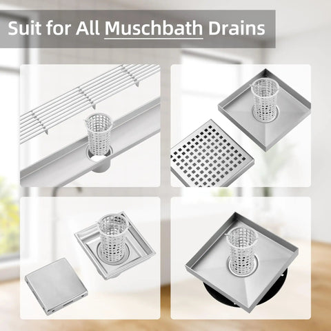 Ridiculously Fast Shower Drain Strainer With Pop Up Hair Catcher Basket And Attached Lifting Hook, stainless steel drain parts display.