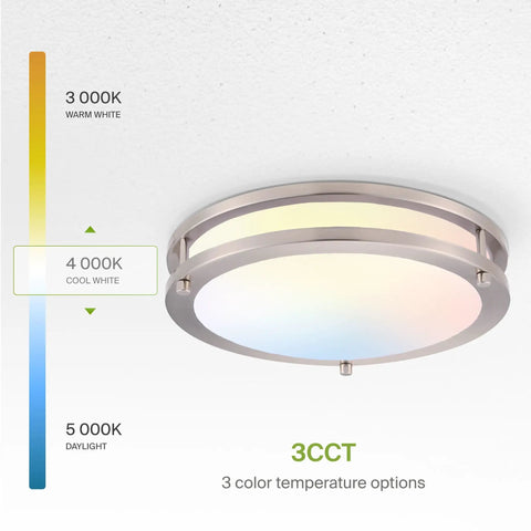 12 Inch Round LED Flush Mount Ceiling Light With 3 CCT Dimmable Settings, Low Profile Nickel Finish, showing color temperature options