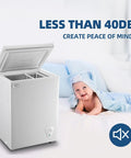 Game Changer Mini Chest Freezer 3.5 Cubic Feet With Lift Out Basket And Silent Thermostat top opening, showing free space and low noise operation.