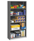 Rock Solid Commercial Steel Shelving Unit With Raised Flanges And Adjustable Clips For No Hassle Storage, Six Tier Metal Rack filled with office supplies.