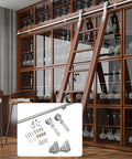 Stainless Steel Sliding Barn Door Hardware Kit With Hella Smooth Floor Roller Wheels For Easy Mobile Ladder Track Install In Lofts keeps moves slippery smooth, showing assembled ladder and components.