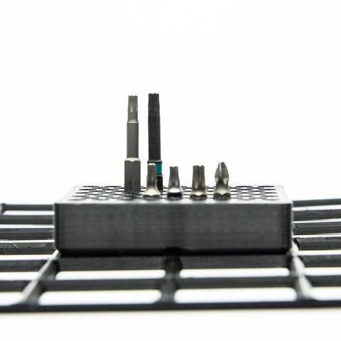 Front view of Modular 1/4-Inch Hex Bit Organizer System With 77 Slots For Fast Access Driver Bit Holder black finish 84 mm x 84 mm